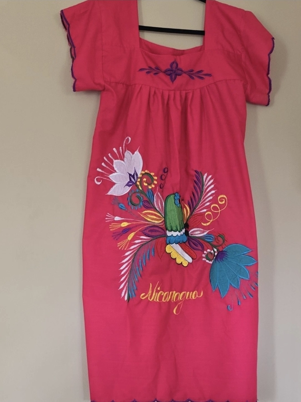 Hot Pink Embroidered Nicaraguan Dress with Colorful Bird Motif